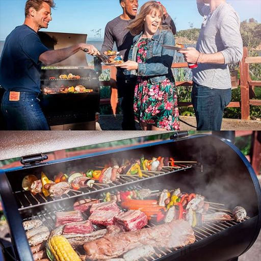 Z Grills 7002BPRO in the yard with people eating