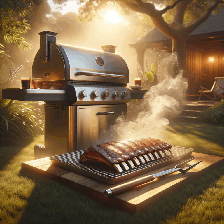 cozy backyard with a gas grill and smoker box, tongs holding glazed ribs, warm afternoon light illuminating the scene