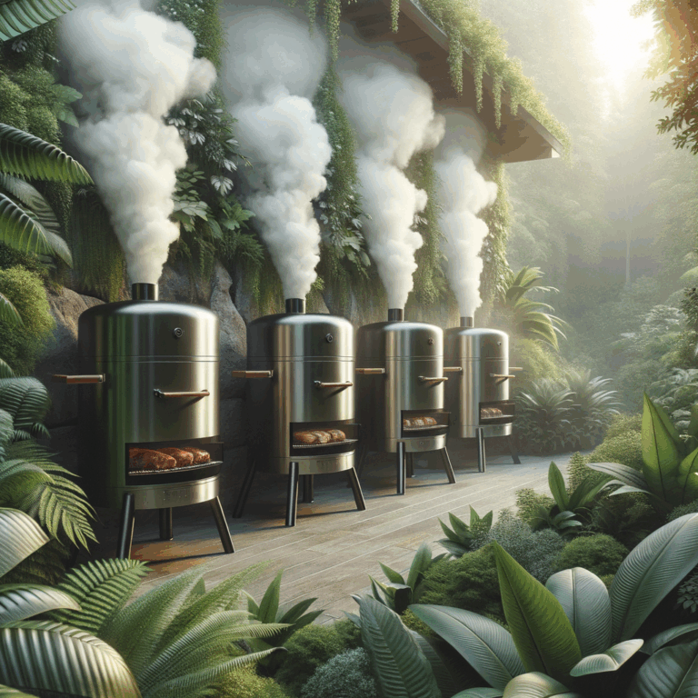 stylish outdoor scene with vertical smokers emitting smoke, surrounded by greenery and hints of sizzling meats in warm afternoon light