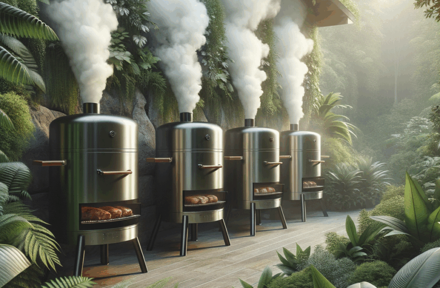 stylish outdoor scene with vertical smokers emitting smoke, surrounded by greenery and hints of sizzling meats in warm afternoon light