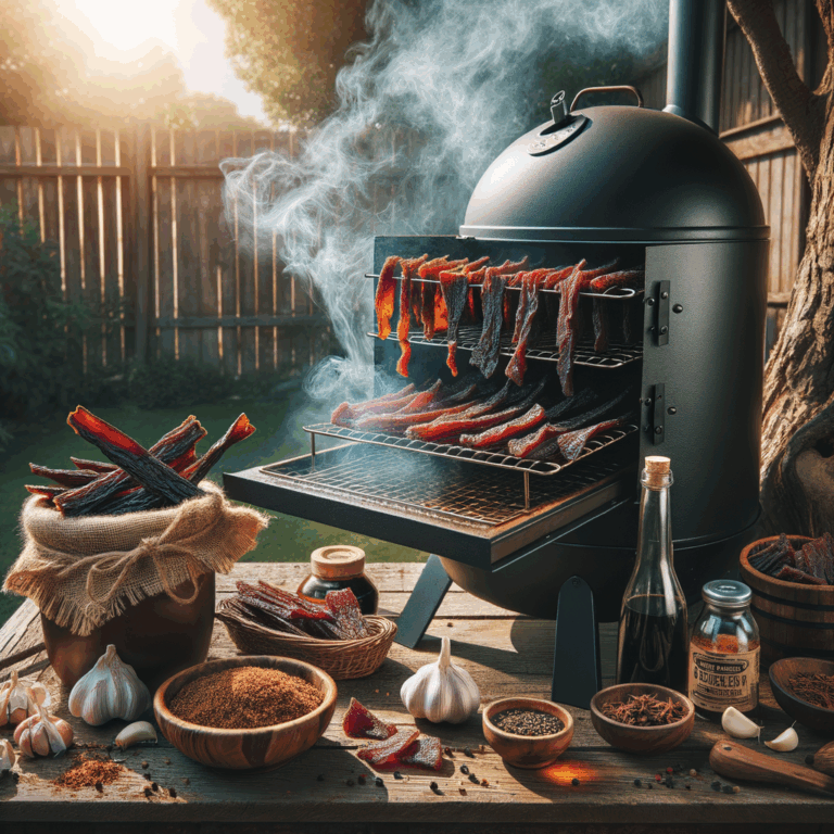 cozy backyard with a smoker releasing smoke, racks of marinated beef jerky glistening in afternoon sun with garlic and soy sauce nearby