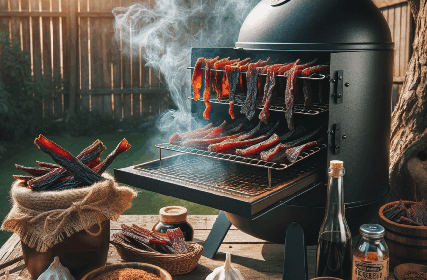 cozy backyard with a smoker releasing smoke, racks of marinated beef jerky glistening in afternoon sun with garlic and soy sauce nearby