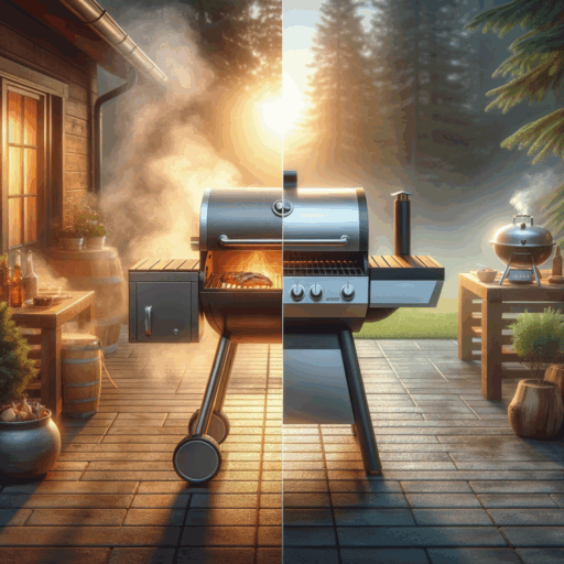 split backyard scene with a z grill releasing smoke and a sleek traeger with tech controls, both illuminated by warm evening light