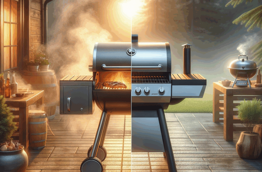 split backyard scene with a z grill releasing smoke and a sleek traeger with tech controls, both illuminated by warm evening light