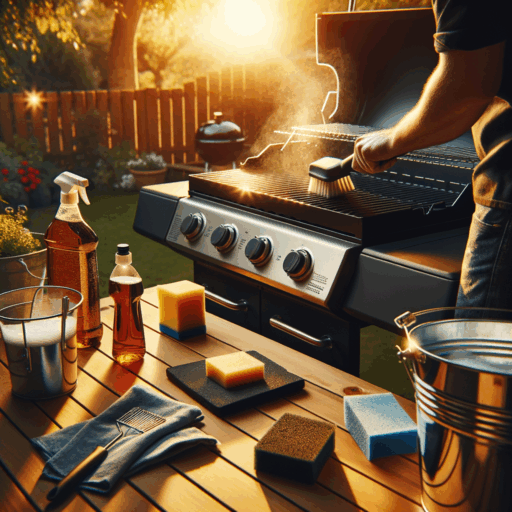 sunlit backyard with hands cleaning a grill with a brush, surrounded by a sponge, soapy bucket, and cloth in soft afternoon light