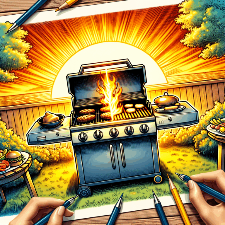 vibrant backyard with budget-friendly gas grills of various designs, juicy burgers and sizzling vegetables under a warm sunset glow