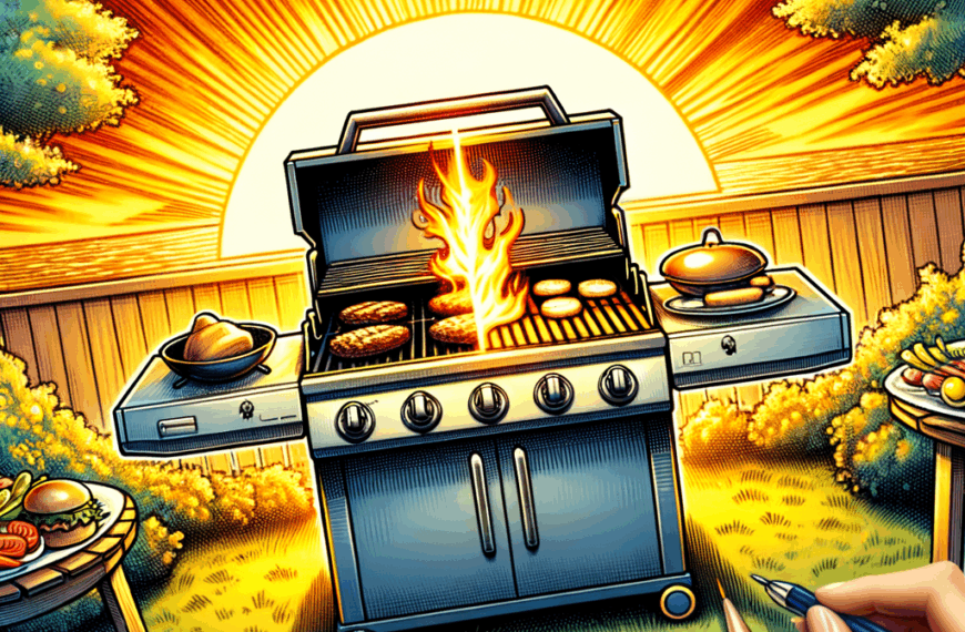 vibrant backyard with budget-friendly gas grills of various designs, juicy burgers and sizzling vegetables under a warm sunset glow