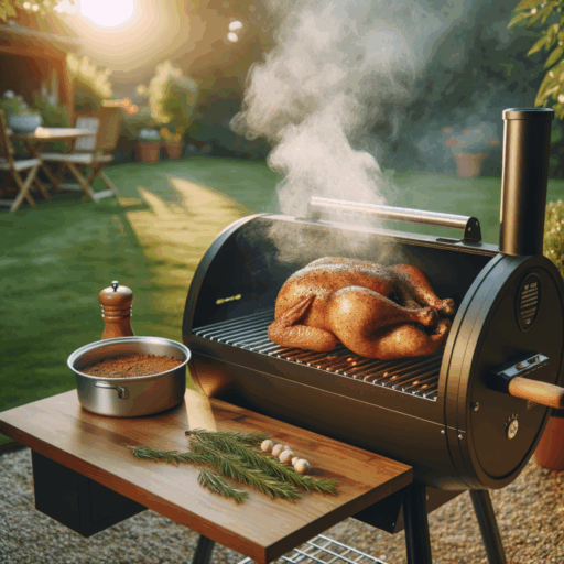 tranquil backyard with a pellet grill emitting aromatic smoke, a seasoned whole chicken on the grates, surrounded by applewood pellets and an aluminum pan