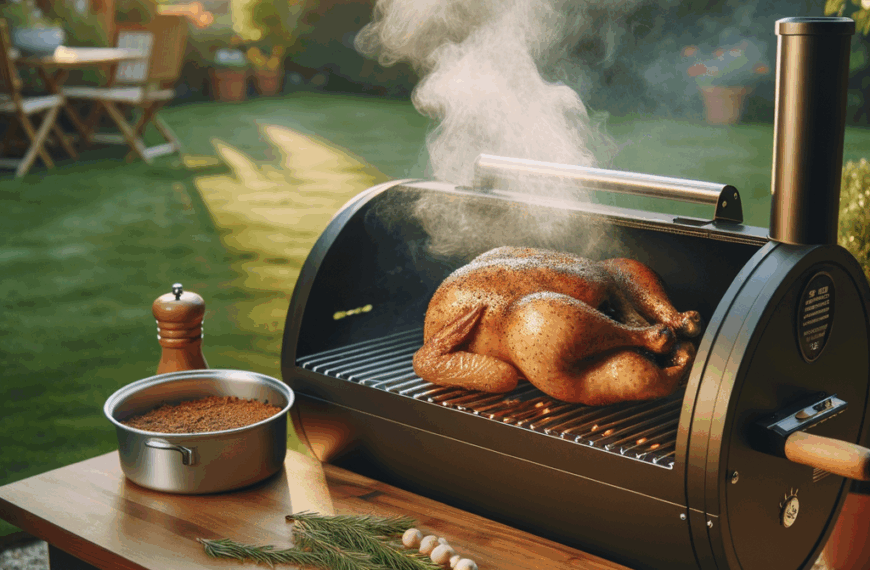 tranquil backyard with a pellet grill emitting aromatic smoke, a seasoned whole chicken on the grates, surrounded by applewood pellets and an aluminum pan
