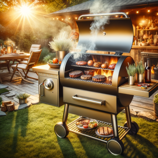 lively backyard with a pit boss 440d pellet grill emitting smoke, burgers and steaks sizzling under the golden hues of a setting sun
