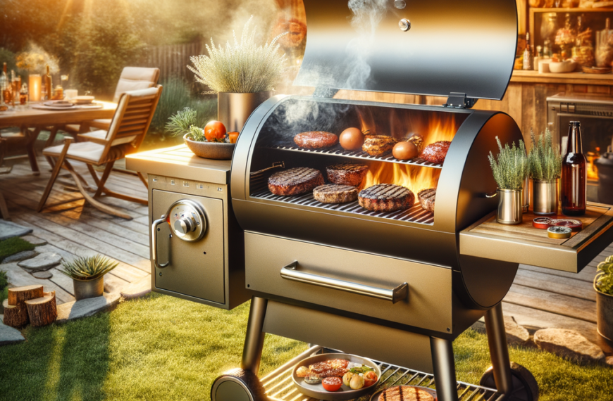 lively backyard with a pit boss 440d pellet grill emitting smoke, burgers and steaks sizzling under the golden hues of a setting sun