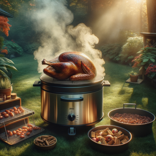 cozy backyard with an electric smoker releasing aromatic smoke, a seasoned turkey on the rack, surrounded by wood chips and a water pan