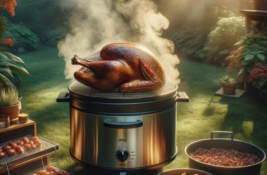 cozy backyard with an electric smoker releasing aromatic smoke, a seasoned turkey on the rack, surrounded by wood chips and a water pan