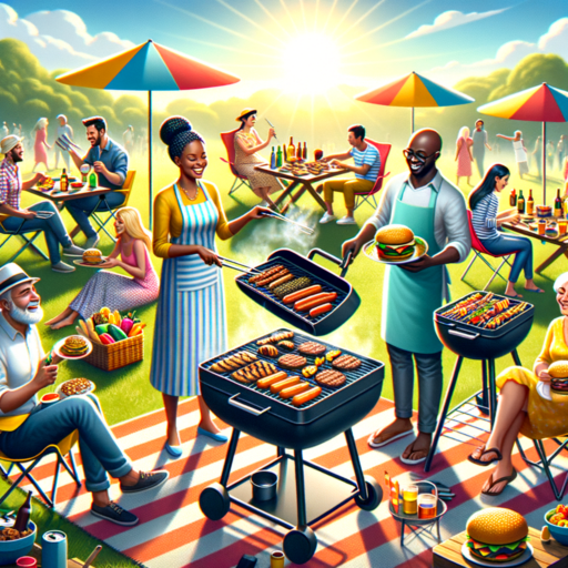 lively outdoor tailgating scene with compact portable grills, friends grilling burgers and hotdogs on picnic blankets under bright afternoon sun