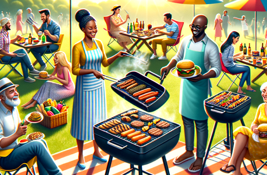 lively outdoor tailgating scene with compact portable grills, friends grilling burgers and hotdogs on picnic blankets under bright afternoon sun