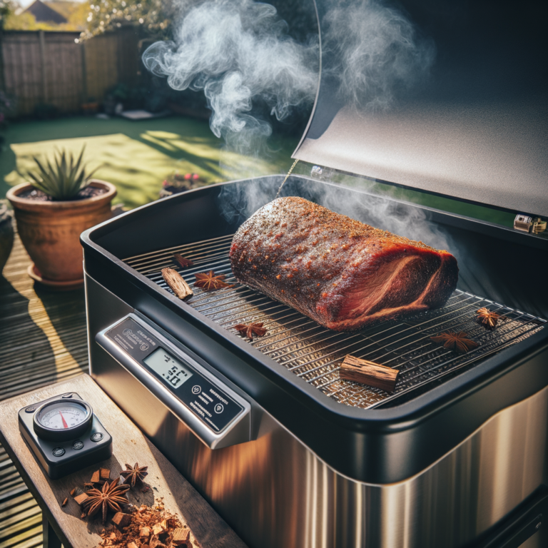 tranquil backyard with an electric smoker releasing aromatic smoke, a well-seasoned brisket on the rack, surrounded by hickory wood chips and a thermometer