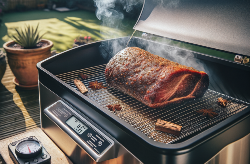 tranquil backyard with an electric smoker releasing aromatic smoke, a well-seasoned brisket on the rack, surrounded by hickory wood chips and a thermometer