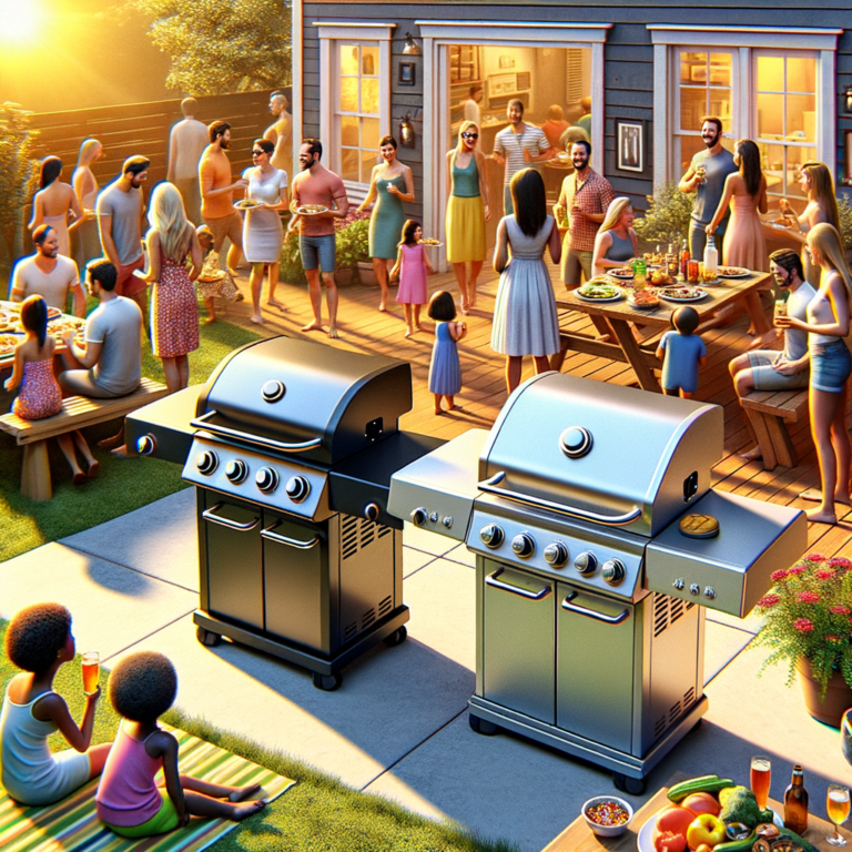 vibrant backyard with two weber gas grills side by side, one spirit and one genesis, surrounded by friends and family enjoying a sunny afternoon BBQ