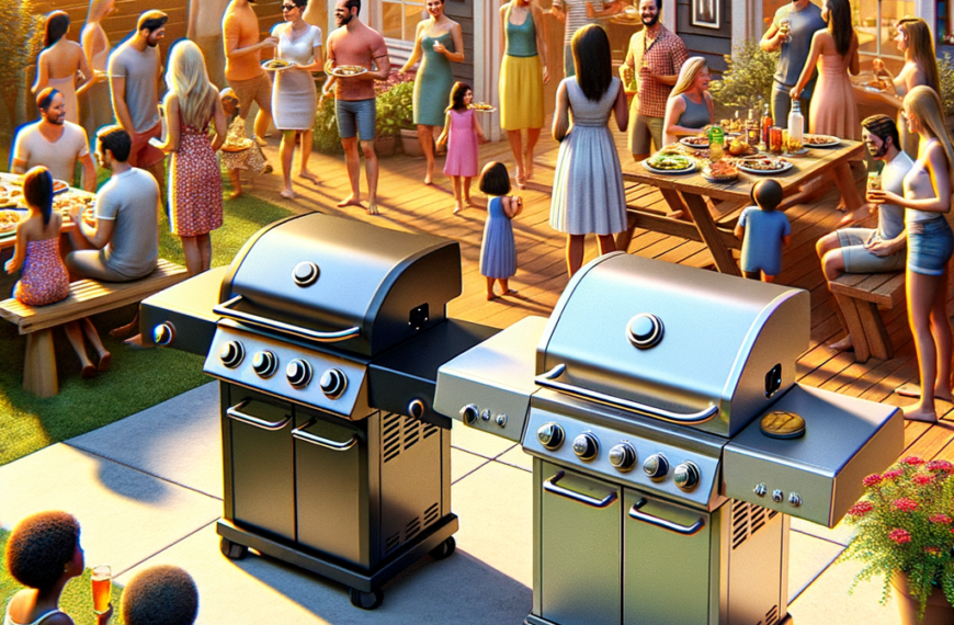 vibrant backyard with two weber gas grills side by side, one spirit and one genesis, surrounded by friends and family enjoying a sunny afternoon BBQ