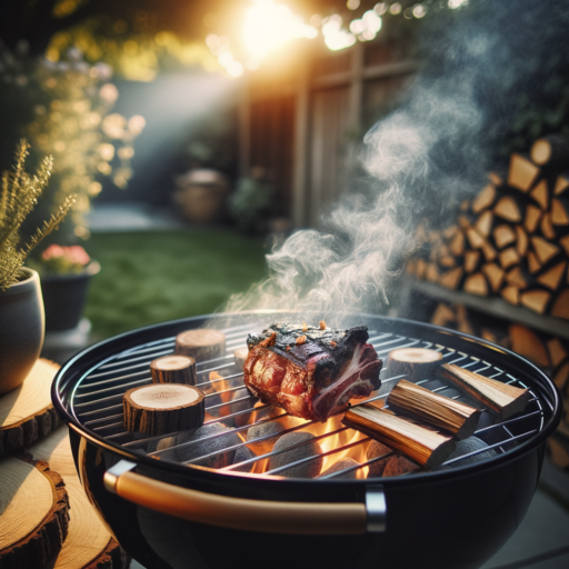cozy backyard with a charcoal grill releasing aromatic smoke, wood chips crackling on glowing coals, and meat for indirect cooking in warm afternoon light