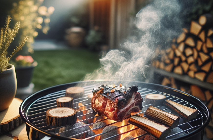 cozy backyard with a charcoal grill releasing aromatic smoke, wood chips crackling on glowing coals, and meat for indirect cooking in warm afternoon light