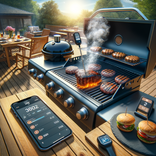 lively backyard with modern BBQ accessories, a smart meat thermometer, a cast iron grill press searing burgers, and a smoker box emitting smoke in bright sunlight