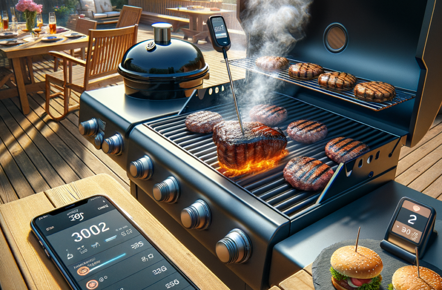 lively backyard with modern BBQ accessories, a smart meat thermometer, a cast iron grill press searing burgers, and a smoker box emitting smoke in bright sunlight