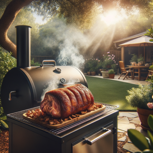 tranquil backyard with an electric smoker emitting aromatic smoke, a seasoned boston butt on the rack, surrounded by hickory wood chips in golden afternoon light