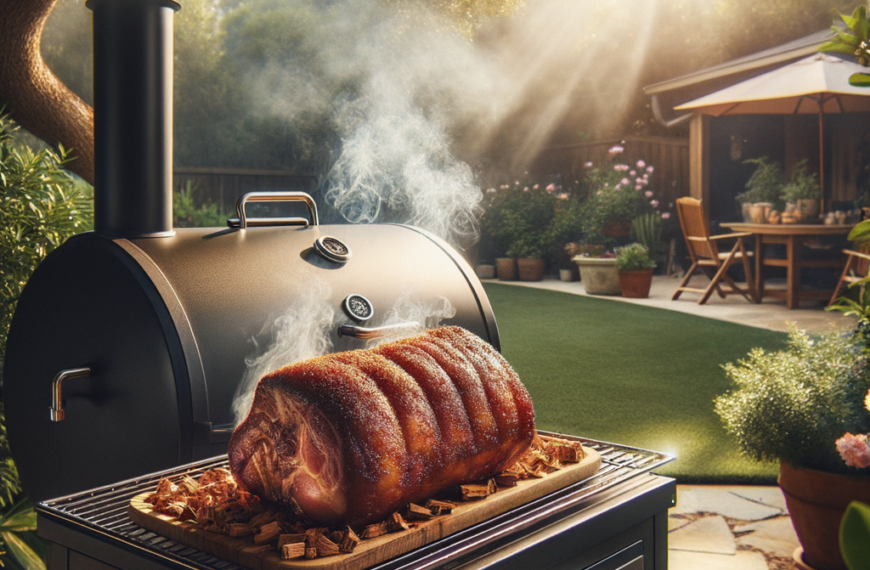 tranquil backyard with an electric smoker emitting aromatic smoke, a seasoned boston butt on the rack, surrounded by hickory wood chips in golden afternoon light