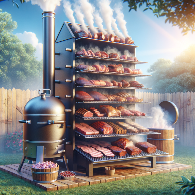 bustling backyard with a grilla grills mammoth vertical smoker in action, multiple racks of meats emitting aromatic smoke in soft afternoon light