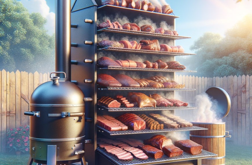 bustling backyard with a grilla grills mammoth vertical smoker in action, multiple racks of meats emitting aromatic smoke in soft afternoon light