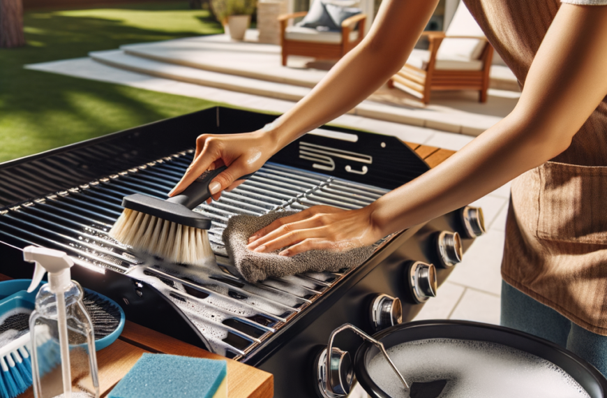 bright backyard with hands scrubbing a grill with a brush, surrounded by a sponge, warm soapy water bucket, and cloth in afternoon sunlight