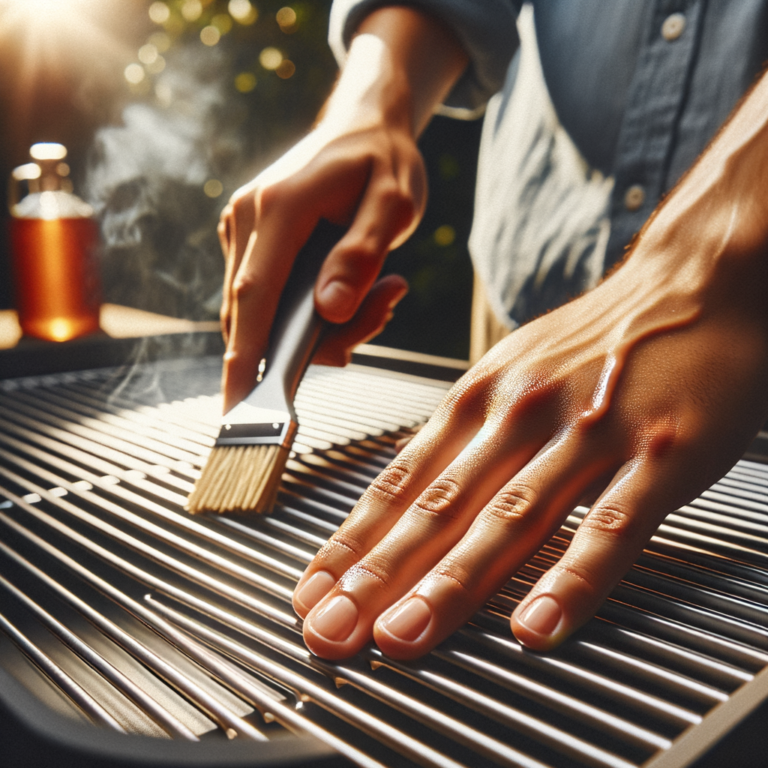 welcoming backyard with hands seasoning a new grill, applying oil to grates with light smoke rising in warm afternoon sun