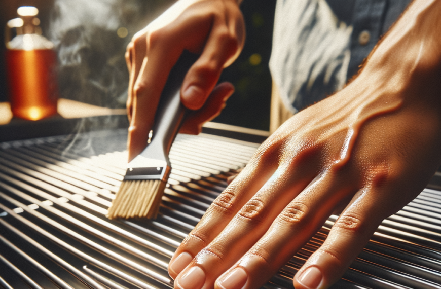 welcoming backyard with hands seasoning a new grill, applying oil to grates with light smoke rising in warm afternoon sun